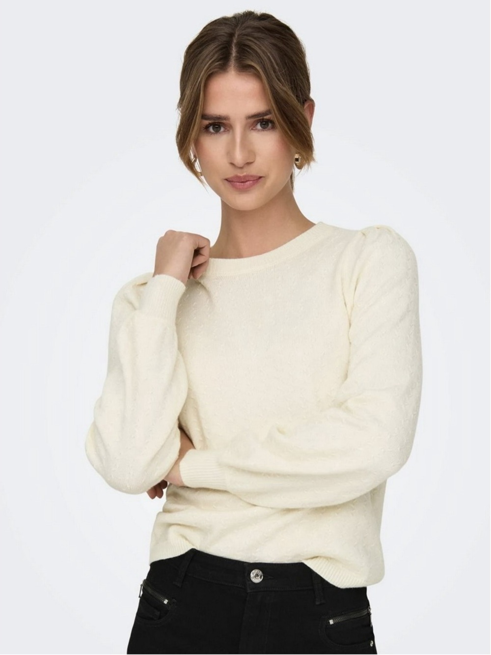 ONLY ONLKATIA Puff Sleeve Textured Knit Sweater Cream M NWT